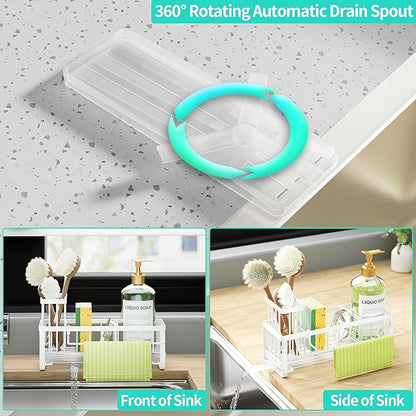 HapiRm Sponge Holder for Kitchen Sink - Self-draining Sink Caddy with Brush and Dishcloth Holders, Stainless Steel Kitchen Organizer for Countertop - White - Image 2
