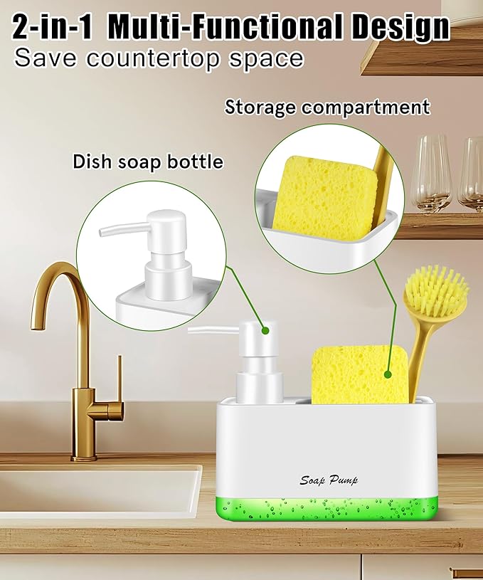 Dish Soap Dispenser with Sponge Holder, 2-in-1 Countertop Small Soap Dispenser for Kitchen and Bathroom, Multi-Scene for Dish Soap, Hand Soap, Lotion, Body Wash (White) - Image 5