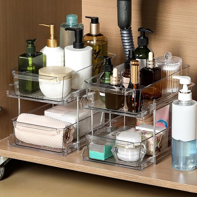 2 Tier Clear Organizer with Dividers for Cabinet, Shlef, Counter - MultiUse Slide-Out Storage Container - Kitchen, Pantry, Medicine Cupboard Bins, Bathroom, Vanity Makeup, Under Sink Organizing - Image 7