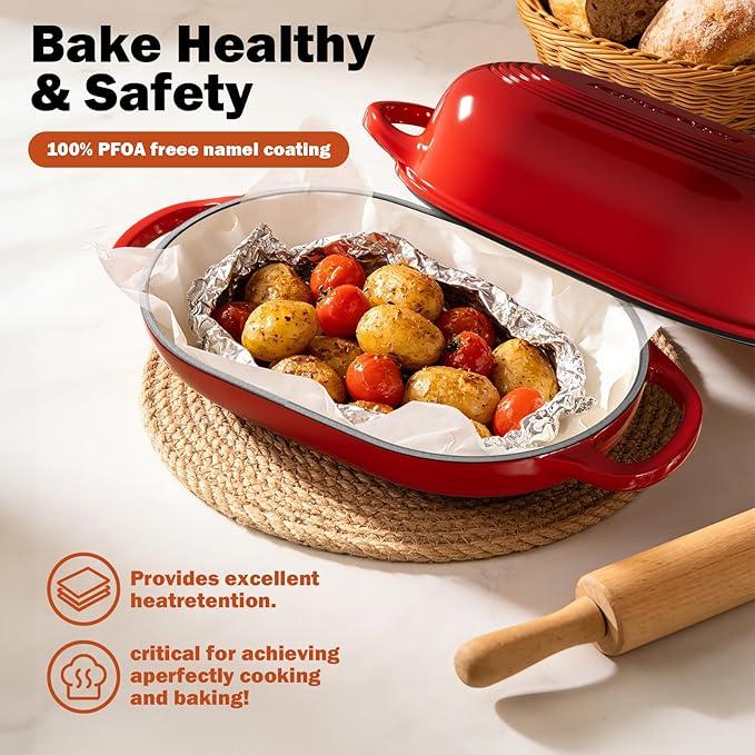 Enameled Cast Iron Sourdough Bread Oven, Dutch Oven, incl. Sourdough Bread-Baking Supplies like Banneton Bread-Proofing Basket - 5QT Loaf Cast Iron Bread Pan for Homemade Bread Baking, Red Meatloaf Pan with Lid - Image 5