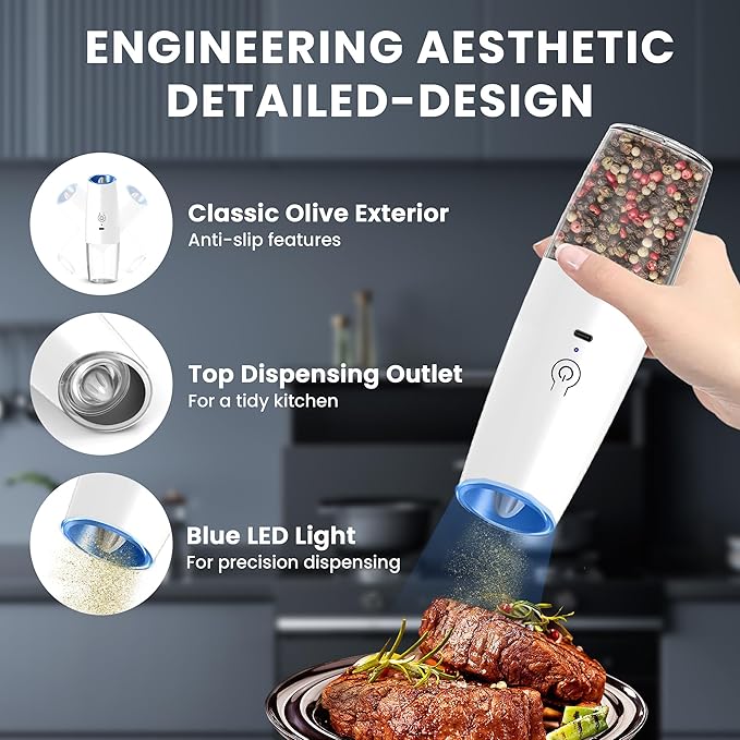 UNNEES Rechargeable Electric Salt and Pepper Grinder set of 2, gravity electric salt and pepper grinder set, Adjustable Roughness, LED Light, 2 Pack, (White) - Image 5
