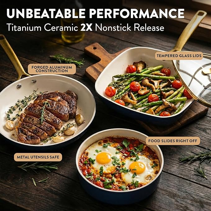 Gotham Steel Hammered 20Pcs Ceramic Cookware Set, Induction Pots and Pans Set Non Stick with Deep Fry Pan, Steamer, & Bakeware, Non Toxic PFOA PFOS Free, Oven & Dishwasher Safe