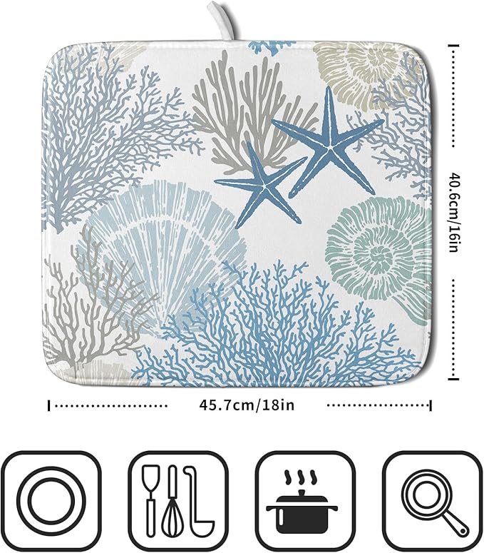Nautical Dish Drying Mat for Kitchen Counter Coastal Seashell Starfish Summer Microfiber Absorbent Dish Draining Reusable Washable Foldable 16"x18" - Image 2