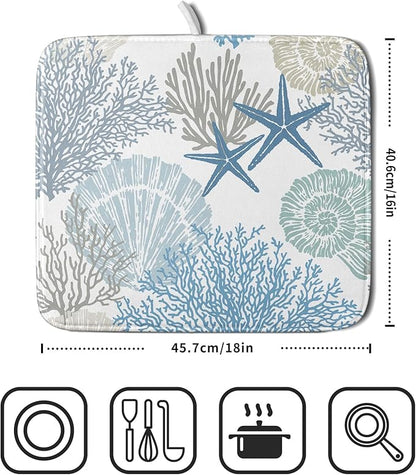 Nautical Dish Drying Mat for Kitchen Counter Coastal Seashell Starfish Summer Microfiber Absorbent Dish Draining Reusable Washable Foldable 16"x18" - Image 2