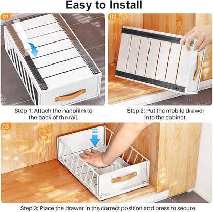 Pull out Cabinet Organizer,Heavy Duty Slide out Pantry Shelves Drawer Storage with Adhesive Nano Film,Sliding Mesh Cabinet Basket with Handle for Kitchen, Bathroom, Home, 15.8"W X 21"D X 6.2"H,White