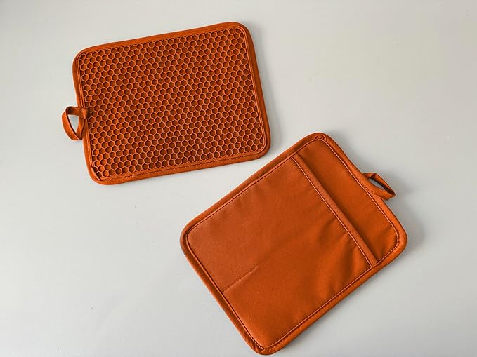 Oven Pot Holder with Pocket Cotton Heat Resistant Coaster Potholder Kitchen Hot Pad Oven Mitts for Cooking and Baking Square 7"x9" (Orange, Silicone) - Image 4