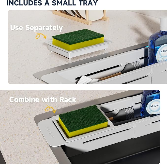NiHome Extendable Over Sink Kitchen Organizer, Small Telescopic Brush Storage Rack for Sponge, Non-Slip Pads Expandable Sink Caddy, Adjustable Sponge/Brush Rack with Drainage Durable ABS (Gray) - Image 3