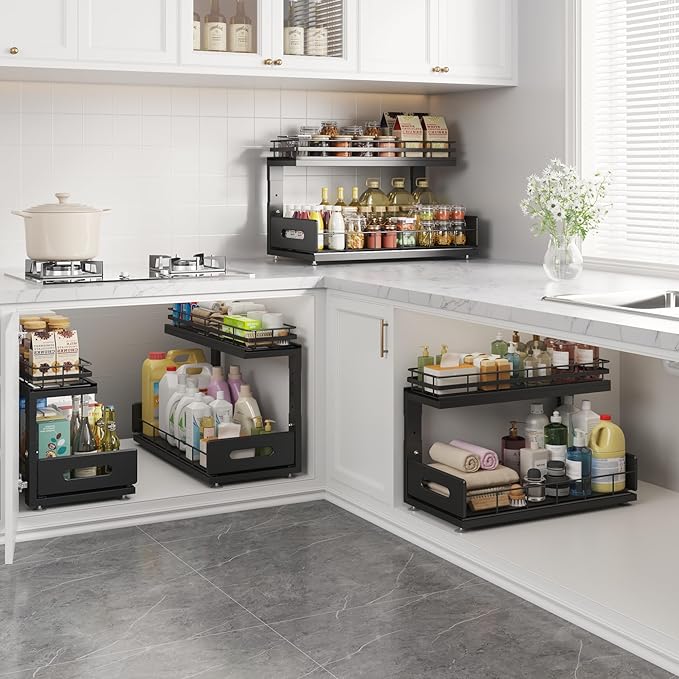 Under Sink Organizer Upgrade To Professional Rails,2-Tier Dual Pull Out Cabinet Storage,Height Adjustable Slide Out Drawers For Bathroom Kitchen,1 Pack-18.5"Dx12.8"-16.9"H,Black - Image 7