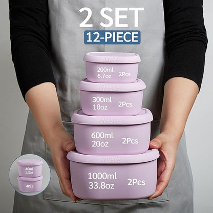 ISSEVE 12Pcs/Set Nesting Silicone Food Storage Containers with Lids, BPA Free Reusable Meal Prep Silicone Containers Airtight, Freezer Dishwasher Safe (33.8oz, 20oz, 10oz, 6.7oz, 1.3oz) (Purple)
