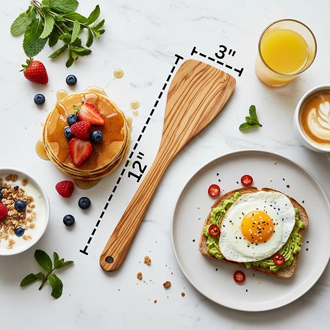 Olive Wood Spatula For Cooking | 12" Large & 3" Wide Flat Wooden Spatula Ideal Nonstick Cookware, Stirring, Fry, Mixing, And Flipping | Wooden Spoons For Cooking | Long Handle Olive Wood Utensils