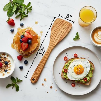 Olive Wood Spatula For Cooking | 12" Large & 3" Wide Flat Wooden Spatula Ideal Nonstick Cookware, Stirring, Fry, Mixing, And Flipping | Wooden Spoons For Cooking | Long Handle Olive Wood Utensils