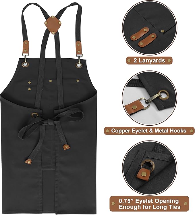 RUVANTI Work Aprons for Men, Oil & Water Repellent, PolyCotton Cross Back Aprons for Women with Pockets, Adjustable up to XXL, Chef Aprons for Cooking, Grilling, Welding, Woodworking - Black Aprons