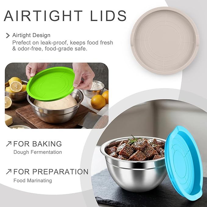 HaWare Mixing Bowls with Airtight Lids, 6-Piece Stainless Steel Salad Bowls, Strong Nesting Bowls for Cooking, Prepping, Baking, Serving & Food Storage, Stackable Design, Size 4.6, 3, 1.5QT, Colorful - Image 3