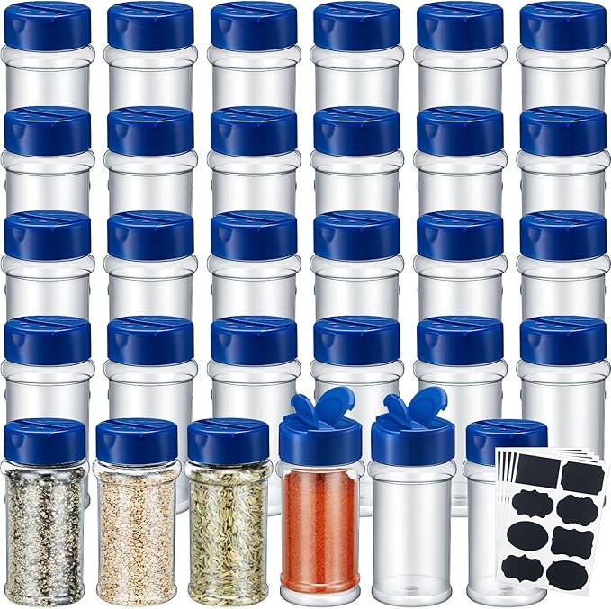 Eccliy 36 Pack 3 oz Clear Plastic Spice Jars with Label and Shaker Lids Empty Spice Bottles Seasoning Containers Seasoning Jars Shaker Condiment Pots for Pepper Herbs Powders(Blue) by Eccliy