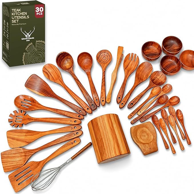 30 Pcs Teak Wooden Utensil Set – Premium Cooking Utensils Set, Natural Wooden Spoons for Cooking - Sturdy Kitchen Utensils & Cooking Spoons for Every Chef by WOODLANDSUSA