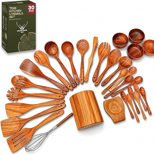30 Pcs Teak Wooden Utensil Set – Premium Cooking Utensils Set, Natural Wooden Spoons for Cooking - Sturdy Kitchen Utensils & Cooking Spoons for Every Chef by WOODLANDSUSA