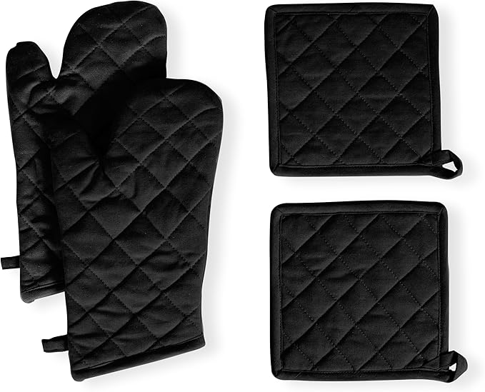 Native Fab Pot Holders and Oven Mitts Sets for Kitchen Heat Resistant - Hanging Non-Slip - 100% Cotton Kitchen Oven Mitts and Pot Holders 4-Piece Set - Black by NativeFab