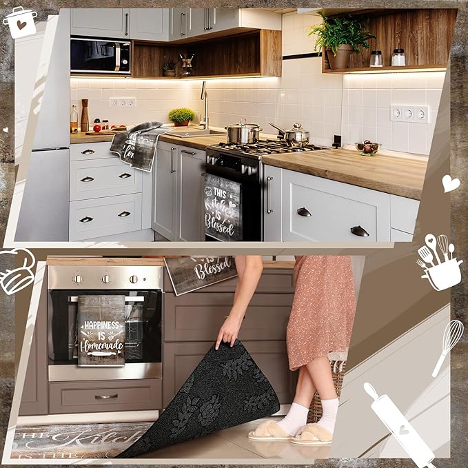 Fourluoo 10 Pcs Farmhouse Kitchen Decor and Accessories Set 4 Kitchen Towels 2 Pot Holders 2 Oven Mitts 2 Rugs for Cooking Baking Mom Housewarming Gifts(Brown Gray,Classic Style) - Image 6