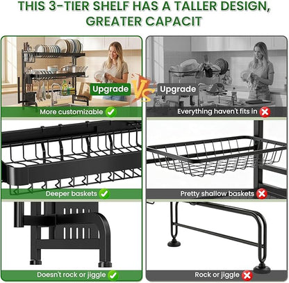 Over The Sink Dish Drying Rack, Adjustable 3 Tier Large Capacity Stainless Steel Drainer with Cutlery/Utensil/Cup Holder Hooks, Kitchen Storage & Organization, 25"-38" L x 11" W x 37.5" H, Black