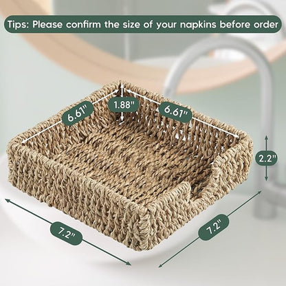 Napkin Holder for Table, Woven Seagrass Napkin Holders For Paper Napkins, Wicker Napkin Holders for Kitchen Dinner Table Boho Decor and Accessories, Square Napkin Basket and Serving Tray