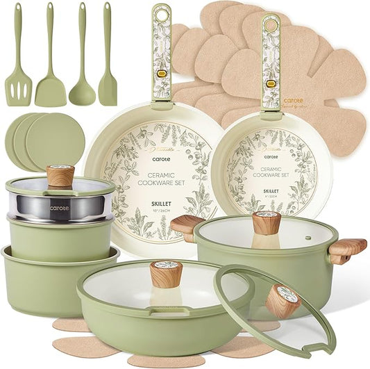CAROTE 25-Piece Ceramic Cookware Set, Nonstick Pots and Pans Set with Detachable Handle, Non-Toxic Kitchen Cooking Set, Dishwasher & Oven Safe, Induction Compatible, PFAS Free, Green by CAROTE