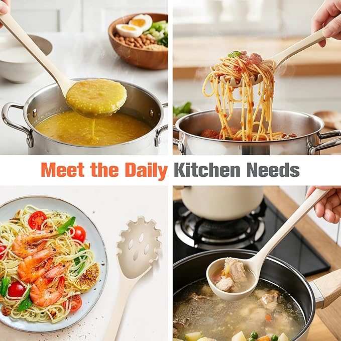 Silicone Spaghetti Spoon&Soup Ladle Cooking Utensils Set of 2,No Scratch for Nonstick Cookware,BPA Free, 450℉ Heat Resistant (KHAKI) - Image 3
