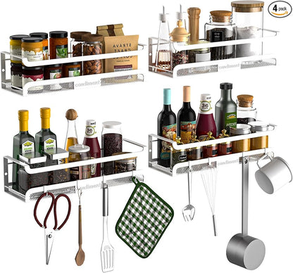 Spice Rack Wall Mount with Hooks - Spice Racks Organizer for Cabinet Storage, Wall Mounted Hanging Shelf Seasoning Organizer, for Kitchen, Pantry Door, Bathroom (White, 4 Pack)