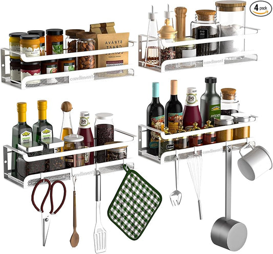 Spice Rack Wall Mount with Hooks - Spice Racks Organizer for Cabinet Storage, Wall Mounted Hanging Shelf Seasoning Organizer, for Kitchen, Pantry Door, Bathroom (White, 4 Pack)