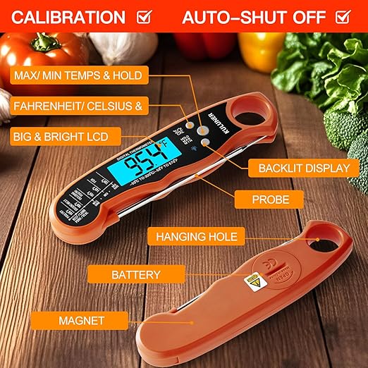 KULUNER TP-01 Waterproof Digital Instant Read Meat Thermometer with 4.6 Folding Probe Backlight Calibration Function for Cooking Food Candy, BBQ Grill, Liquids,Beef(Orange) - Image 4