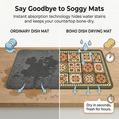 Boho Dish Drying Mat for Kitchen Counter - Super Absorbent Faux Leather Kitchen Mat, Quick Dry & Non-Slip Countertop Protector, Aesthetic Bohemian Decor for Coffee Bar (16"x21", Green)