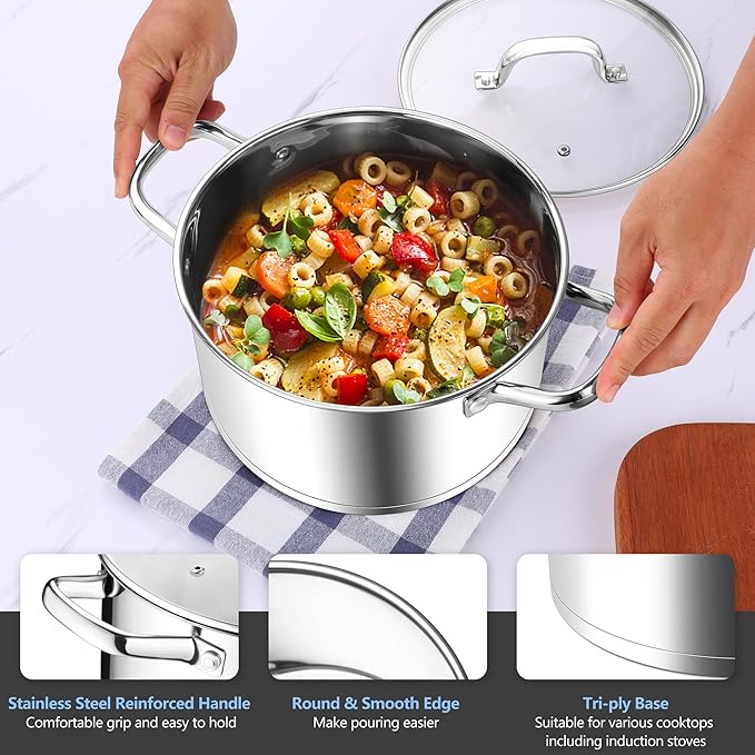 Homikit 5 Quart Stock Pot, Stainless Steel Soup Cooking Pot with Lid for Pasta Sauce Simmering Steaming Stewing, Tri-ply Heavy Bottom Induction Pot, Dishwasher Safe - Image 4