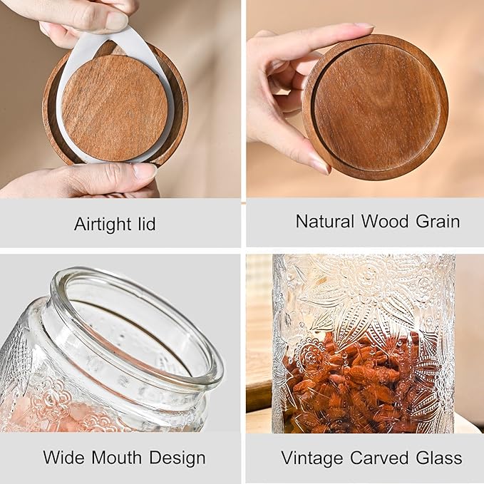 Adodeen 24oz Vintage Glass Jar With Lid, Glass Storage Containers, Airtight Kitchen Storage Containers For Sugar, Coffee, Tea, Spice, Flour, Candy Cookie, Pasta, Cereal, Cute Decorative Jars - Image 4