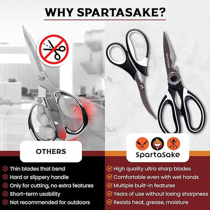 SpartaSake 2-Pack Premium Stainless Steel All Purpose Kitchen Shears with Sleeve - Heavy Duty Ultra Sharp kitchen Scissors for Food-Multipurpose Food Scissors for Meat Poultry Vegetable (Black-White)