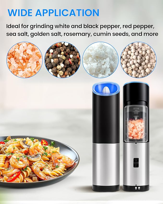Gravity Electric Pepper and Salt Grinder Set of 2 Pack, One Hand Automatic Shakers Mill, Adjustable Coarseness, Battery Powered with LED Light, Brushed Stainless Steel Perfect for Kitchen - Image 6