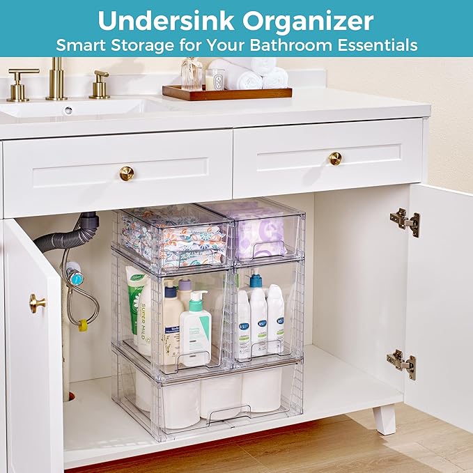 Vtopmart 6 Pack Clear Stackable Storage Drawers,Easy to Assemble Baby Bottle with handles,Plastic Drawers for Kitchen Pantry,Cabinet,Under Sink Organization - Image 7