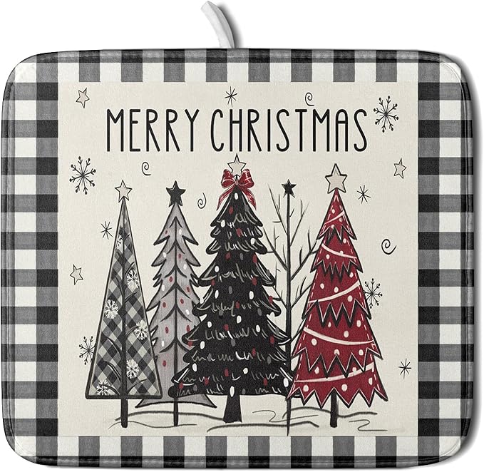 Merry Christmas Tree Dish Drying Mat for Kitchen Counter 16x18 Inch Black Red Grey Xmas Plaid Print Absorbent Reversible Microfiber Drying Mats Kitchen Countertop Protector Dishes Drainer Rack Pad by Aytipun