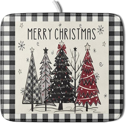 Merry Christmas Tree Dish Drying Mat for Kitchen Counter 16x18 Inch Black Red Grey Xmas Plaid Print Absorbent Reversible Microfiber Drying Mats Kitchen Countertop Protector Dishes Drainer Rack Pad by Aytipun