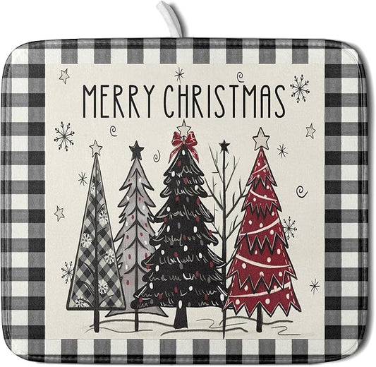 Merry Christmas Tree Dish Drying Mat for Kitchen Counter 16x18 Inch Black Red Grey Xmas Plaid Print Absorbent Reversible Microfiber Drying Mats Kitchen Countertop Protector Dishes Drainer Rack Pad by Aytipun