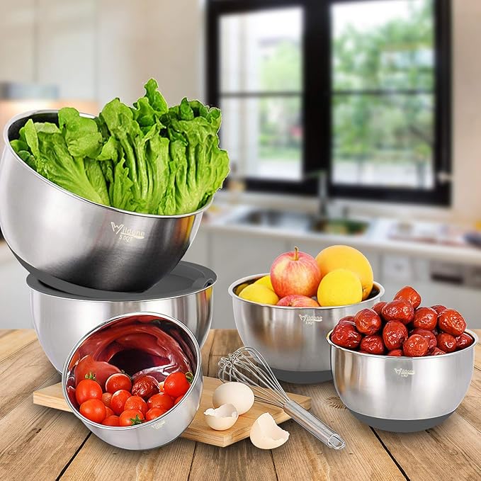 Wildone Mixing Bowls with Airtight Lids Set, 5PCS Stainless Steel Nesting Bowls Set for Kitchen, with Grater Attachments & Non-Slip Bottoms, Size 5, 3, 2, 1.5, 0.63 QT, Great for Baking & Serving - Image 6
