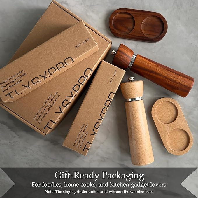 TLYSXPRO Wooden Pepper Grinder – Refillable Pepper Mill with Adjustable Upgraded Large Size Ceramic Burr – Manual Salt Grinder with Beech Wood Body – 8.3” Tall (Chocolate Wood)