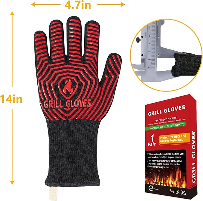 BBQ Gloves, BBQ Accessories 1472℉ Extreme Heat Resistant, Grilling Gloves Silicone Non-Slip Oven Mitts, Kitchen Gloves for BBQ, Grilling, Cooking, Baking-1 Pair 14inch - Image 7
