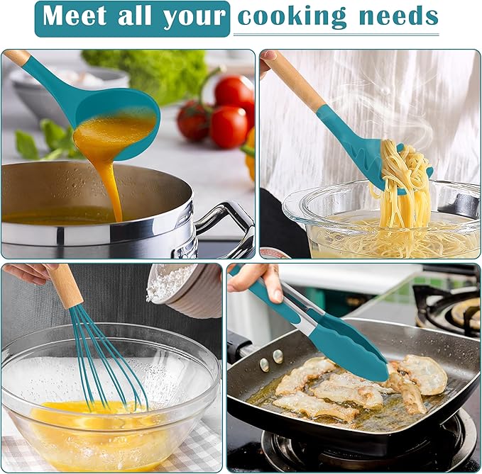 E-far Blue Silicone Cooking Utensils Set, 10-Piece Kitchen Utensils Set with Wooden Handle for Nonstick Cookware, Heat Resistant Kitchen Nonstick Tools Spatula Whisk Tongs Ladle, Non-toxic & Healthy - Image 6