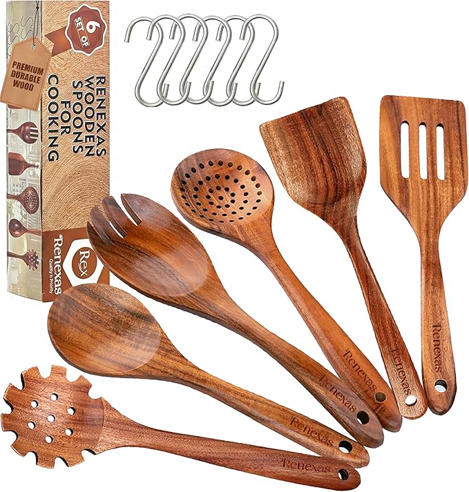 6-Piece Teak Wooden Kitchen Utensil Set – Nonstick Safe Cooking Spoons & Spatulas, Heat Resistant, Durable Natural Wood, Comfortable Grip Handles