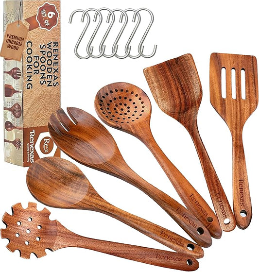 6-Piece Teak Wooden Kitchen Utensil Set – Nonstick Safe Cooking Spoons & Spatulas, Heat Resistant, Durable Natural Wood, Comfortable Grip Handles