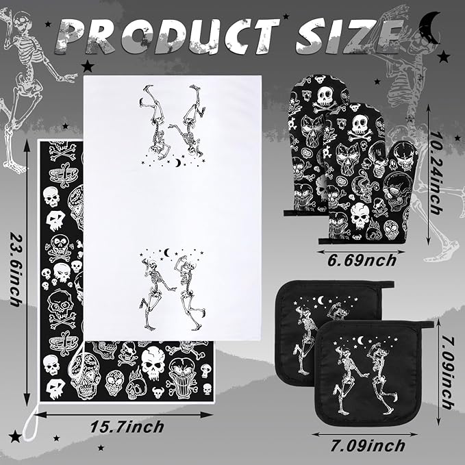 Leinuosen 6 Pcs Skull Kitchen Decor Set Kitchen Towels Gothic Oven Mitts and Pot Holders Skeleton Hand Dish Towels Horror Oven Mitts for Home Decoration Party Gifts (Classic Color,Skull) - Image 3