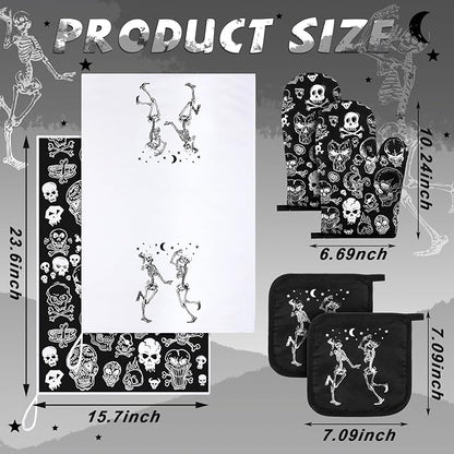 Leinuosen 6 Pcs Skull Kitchen Decor Set Kitchen Towels Gothic Oven Mitts and Pot Holders Skeleton Hand Dish Towels Horror Oven Mitts for Home Decoration Party Gifts (Classic Color,Skull) - Image 3