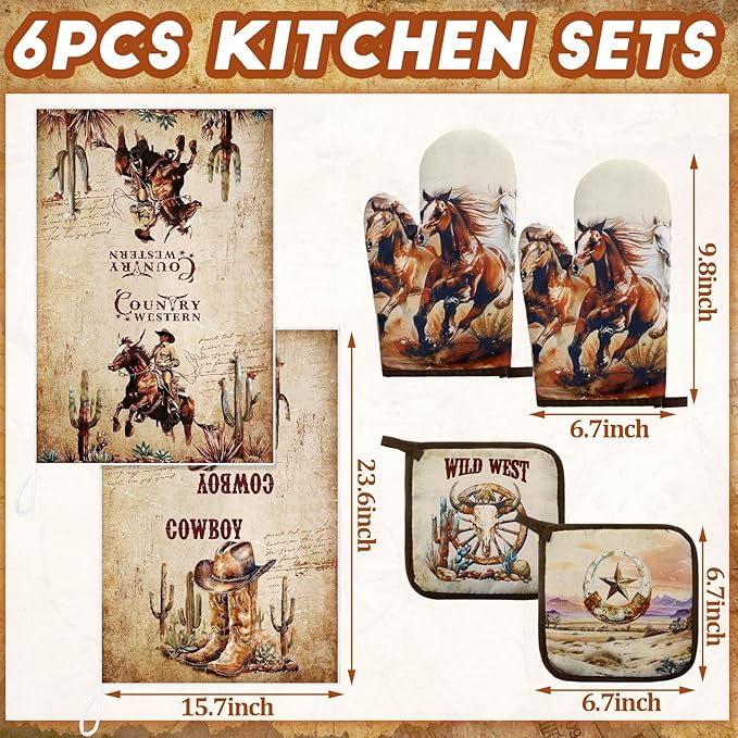 Leinuosen 6 Western Cowboy Kitchen Towels Kitchen Decor and Accessories Set Floral Plant Oven Mitts and Pot Holders Sets Farmhouse Absorbent Dish Towels for Cooking Baking Grilling - Image 3