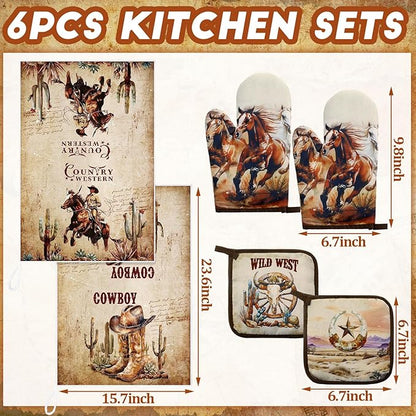 Leinuosen 6 Western Cowboy Kitchen Towels Kitchen Decor and Accessories Set Floral Plant Oven Mitts and Pot Holders Sets Farmhouse Absorbent Dish Towels for Cooking Baking Grilling - Image 3