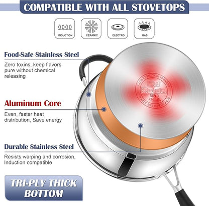 E-far 10-Piece Stainless Steel Cookware Set - Induction Tri-Ply Base Pots and Pans, Non-Toxic Kitchen Cooking Set w/Stay-Cool Handle, Frying Pans, Saucepans, Stockpot with lid, Oven & Dishwasher Safe