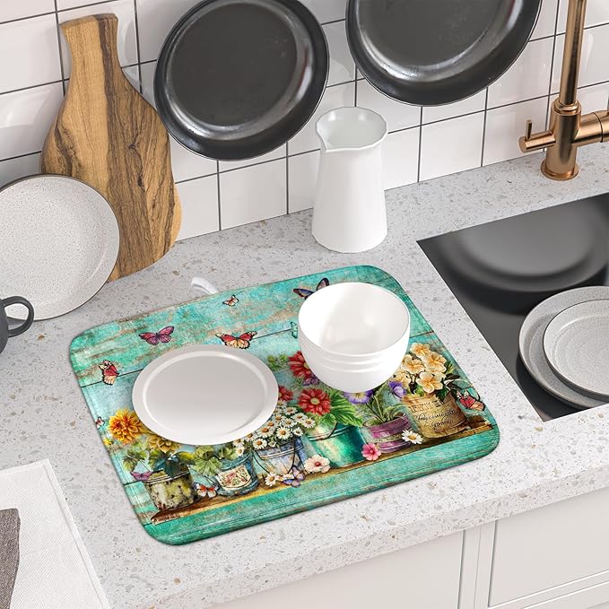 Flower Dish Drying Mat for Kitchen Counter 16x18 Inch Rustic Vintage Microfiber Absorbent Dishes Drainer Mats - Image 6